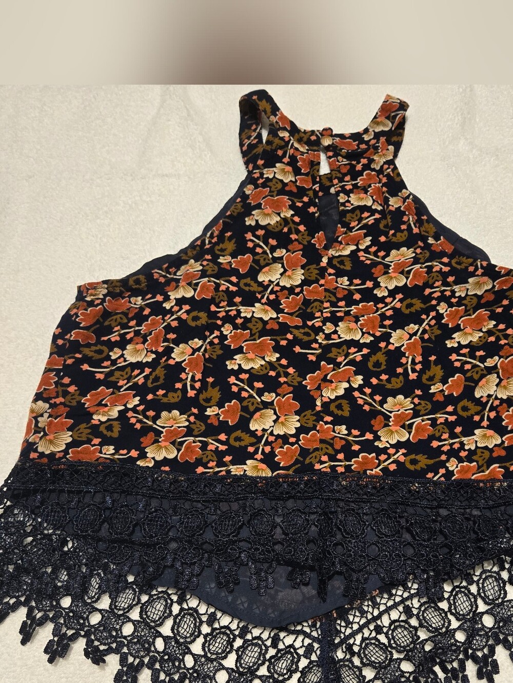 Glamorous Navy Floral Halter Top with Rust and Cream Details